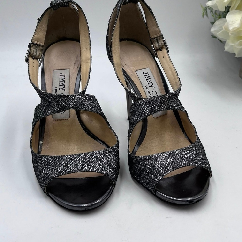 Jimmy Choo Lang AnthraciteGlitter Gunmetal Silver Lamè‎ Ankle Strap Heels Sz 5